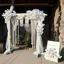Load image into Gallery viewer, White wooden arbour &amp; flowers w macrame - Deluxe Special - HIRE ONLY
