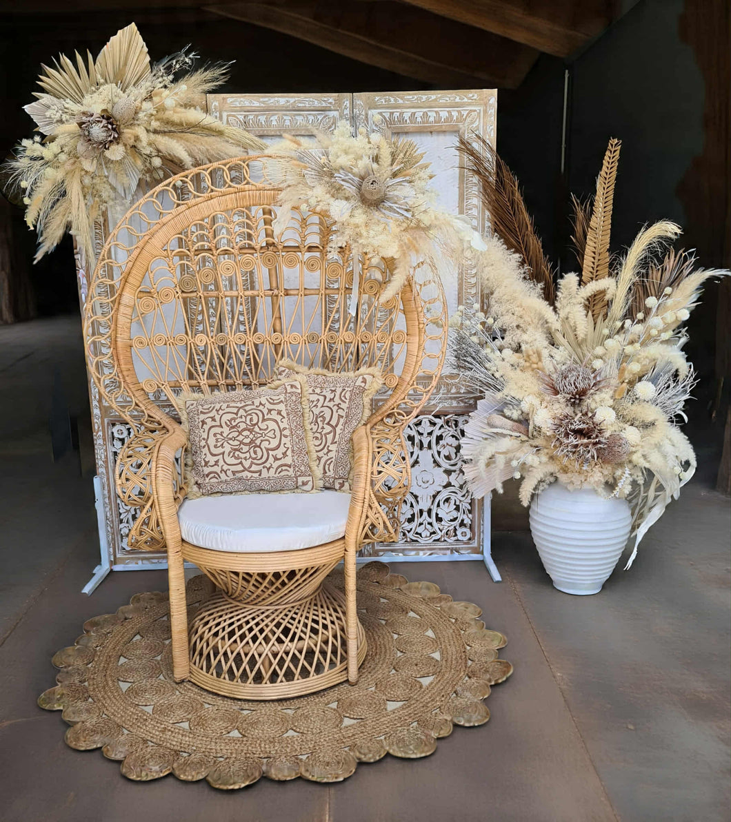Boho Deluxe set up Peacock Chair, 2 x flowers, backdrop & urn flowers - HIRE ONLY