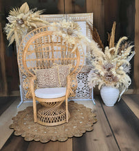 Load image into Gallery viewer, Boho Deluxe set up Peacock Chair, 2 x flowers, backdrop &amp; urn flowers - HIRE ONLY
