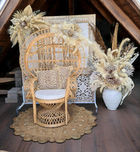 Load image into Gallery viewer, Boho Deluxe set up Peacock Chair, 2 x flowers, backdrop &amp; urn flowers - HIRE ONLY
