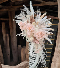 Load image into Gallery viewer, White peacock chair &amp; dusty pastel pink chair flowers - HIRE ONLY
