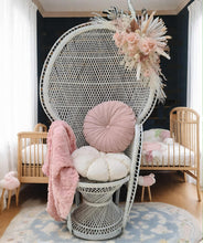 Load image into Gallery viewer, White peacock chair &amp; dusty pastel pink chair flowers - HIRE ONLY
