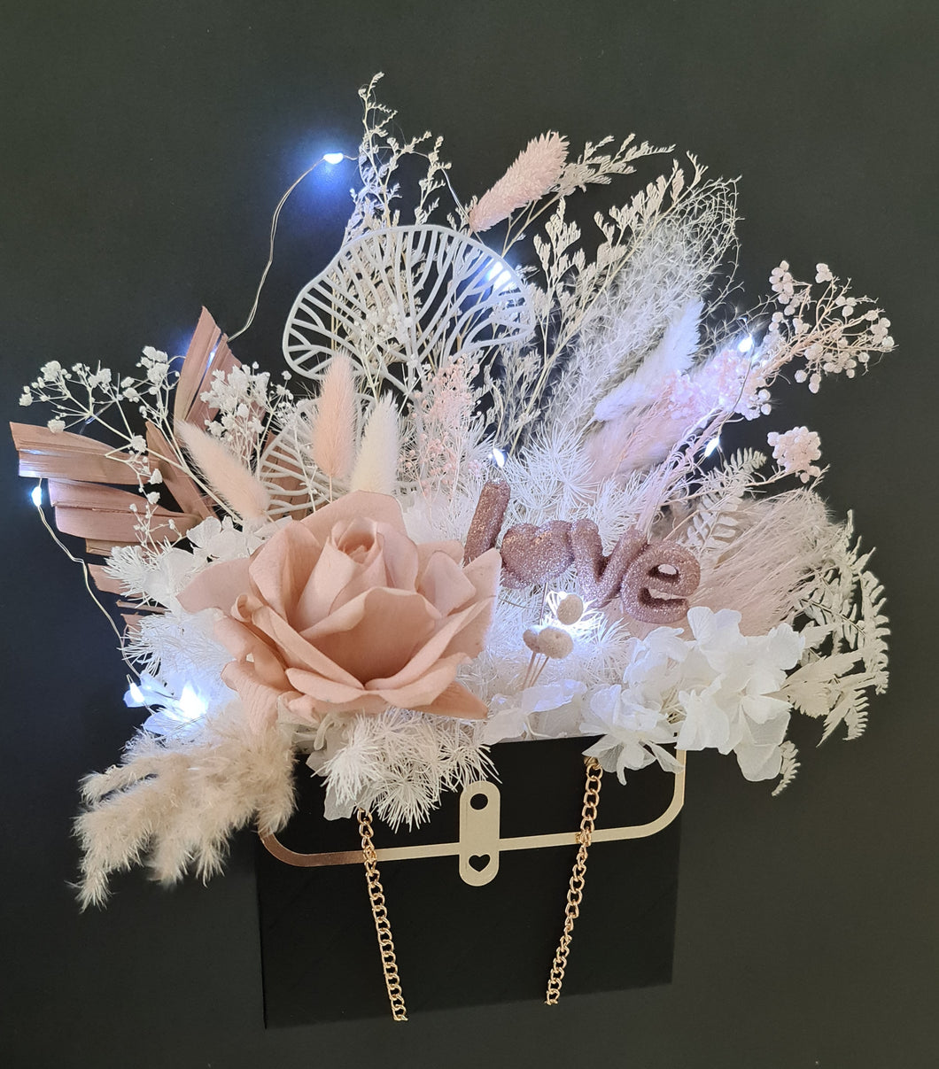Valentines Gift – Boho blush rose in Elegant bag with lights