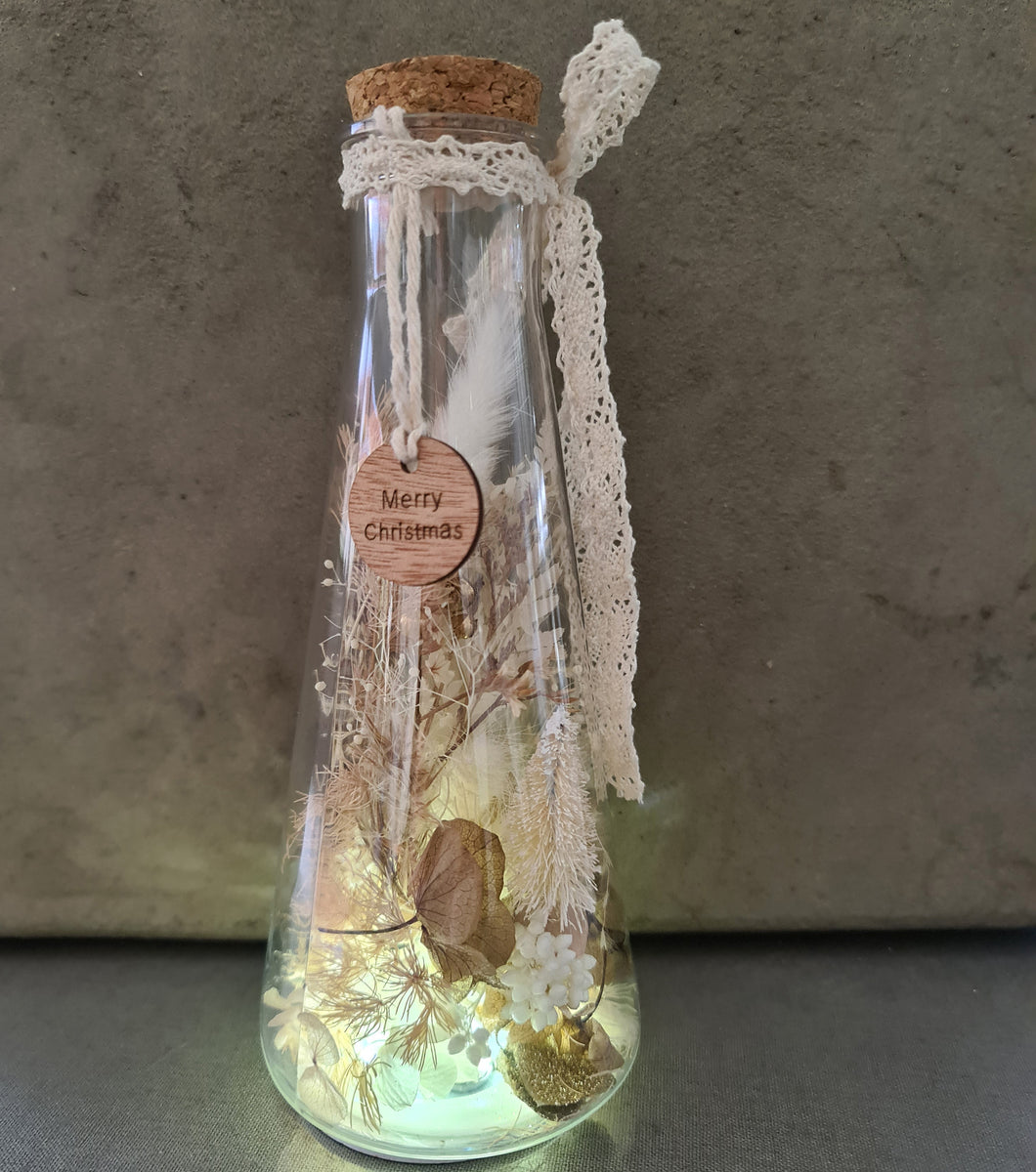 Boho everlasting flowers in conical bottle with lights – Xmas gift