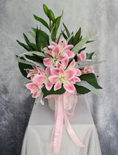 Load image into Gallery viewer, Pink Lilies in white pot with ribbon - MOT10
