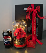 Load image into Gallery viewer, Medium dome red rose and champagne gold + gift box &amp; ribbon w lights - MOT20
