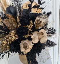 Load image into Gallery viewer, Everlasting preserved &amp; silk flowers in black &amp; gold

