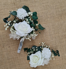 Load image into Gallery viewer, Spinning eucalyptus, white roses &amp; baby&#39;s breath cake topper
