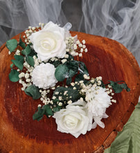 Load image into Gallery viewer, Spinning eucalyptus, white roses &amp; baby&#39;s breath cake topper
