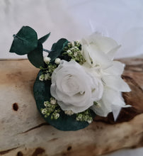 Load image into Gallery viewer, Green &amp; white preserved buttonholes w mini preserved roses

