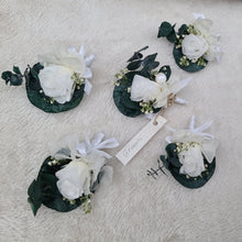 Load image into Gallery viewer, Green &amp; white preserved buttonholes w mini preserved roses
