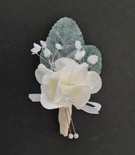 Load image into Gallery viewer, Sage green, green &amp; neutral wedding buttonholes
