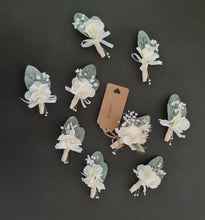 Load image into Gallery viewer, Sage green, green &amp; neutral wedding buttonholes
