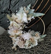 Load image into Gallery viewer, Cake flower hoop in neutral, green and sage green colours
