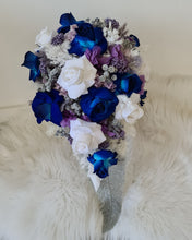Load image into Gallery viewer, Teardrop bridal bouquet in purple, violet, blue, white &amp; silver
