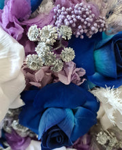 Load image into Gallery viewer, Teardrop bridal bouquet in purple, violet, blue, white &amp; silver
