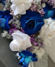 Load image into Gallery viewer, Teardrop bridal bouquet in purple, violet, blue, white &amp; silver

