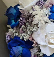 Load image into Gallery viewer, Teardrop bridal bouquet in purple, violet, blue, white &amp; silver
