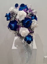 Load image into Gallery viewer, Teardrop bridal bouquet in purple, violet, blue, white &amp; silver
