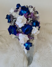 Load image into Gallery viewer, Teardrop bridal bouquet in purple, violet, blue, white &amp; silver
