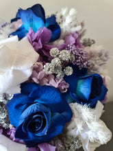 Load image into Gallery viewer, Teardrop bridal bouquet in purple, violet, blue, white &amp; silver
