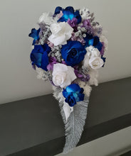 Load image into Gallery viewer, Teardrop bridal bouquet in purple, violet, blue, white &amp; silver
