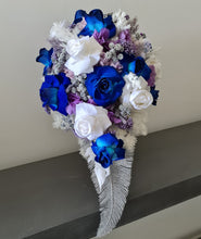 Load image into Gallery viewer, Teardrop bridal bouquet in purple, violet, blue, white &amp; silver

