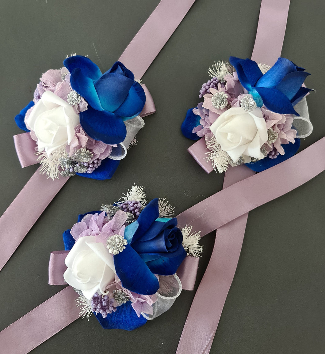 Purple & blue ribbon corsages
