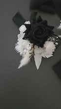 Load and play video in Gallery viewer, Black &amp; white everlasting flowers corsage &amp; boutonniere - School formal, prom, graduation, wedding
