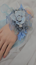Load and play video in Gallery viewer, Pastel blue reflexed rose preserved flowers corsage - school formal, prom, graduation
