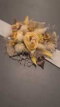 Load and play video in Gallery viewer, Everlasting flowers yellow corsage w gold beads - School formal / Wedding
