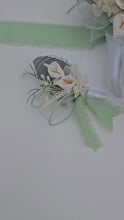 Load and play video in Gallery viewer, Peony &amp; calla lily sage everlasting flowers corsage &amp; buttonhole AB2155 - School formal, prom, graduation

