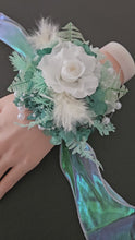 Load and play video in Gallery viewer, Teal, mint &amp; white preserved flowers corsage w pearls - School formal, prom, graduation, wedding
