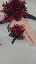 Load and play video in Gallery viewer, Burgundy &amp; black w gold glitter everlasting flowers corsage &amp; buttonhole – school formal, prom, wedding
