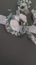 Load and play video in Gallery viewer, Preserved flowers White &amp; green School prom set – corsage, buttonhole &amp; hair comb
