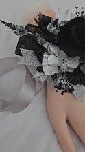 Load and play video in Gallery viewer, Preserved black rose &amp; silver corsage – school formal, prom, graduation
