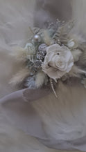 Load and play video in Gallery viewer, Mini preserved rose corsage &amp; buttonhole – baby blue, grey, white – school formal
