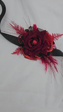 Load and play video in Gallery viewer, Everlasting flowers black &amp; red corsage w glitter n crystals – school formal, prom, graduation, wedding
