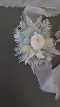 Load and play video in Gallery viewer, Mini preserved peony corsage &amp; buttonhole – baby blue, grey, white – school formal
