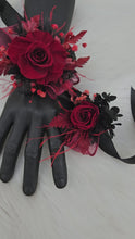 Load and play video in Gallery viewer, Burgundy &amp; black preserved flowers corsage &amp; buttonhole – school formal, prom, wedding
