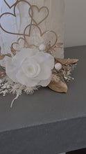 Load and play video in Gallery viewer, Double Preserved flowers white &amp; gold cake topper w hearts – Wedding, engagement, anniversary
