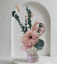 Load and play video in Gallery viewer, Creamy Blush pink, green &amp; neutral flowers in pot w Happy Birthday tag
