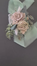 Load and play video in Gallery viewer, Green, sage green sand colours everlasting flowers corsage – school formal, prom, wedding
