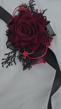 Load and play video in Gallery viewer, Burgundy &amp; back everlasting flowers corsage w crystals – school formal, prom, graduation, wedding
