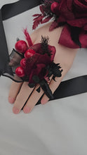 Load and play video in Gallery viewer, Burgundy &amp; black w gold glitter corsage &amp; buttonhole set - School formal, prom, graduation, wedding
