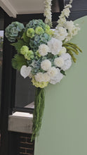 Load and play video in Gallery viewer, Green &amp; white – 2 x backdrops &amp; 2 x flowers + flower stand + cake stand – Advanced package No 2 - HIRE ONLY
