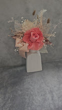 Load and play video in Gallery viewer, Elegant pink/peach preserved rose cake topper w skeleton &amp; champagne leaves

