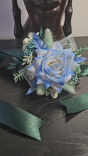 Load and play video in Gallery viewer, Everlasting flowers school formal / prom corsage – mint, white &amp; blue
