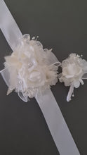 Load and play video in Gallery viewer, Everlasting flowers white corsage &amp; buttonhole w pearl flowers - School formal / Wedding
