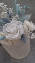 Load and play video in Gallery viewer, White &amp; shades of blue preserved flowers cake topper - Christening, baptism, baby shower
